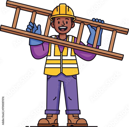 Vector art of construction worker carrying a ladder