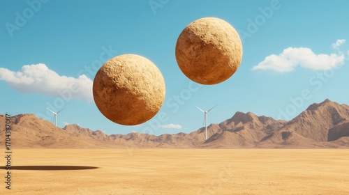 Two large, spherical objects hover above a desert landscape, with wind turbines in the background and a clear blue sky.