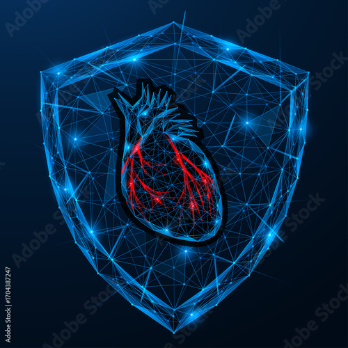 Digital cardio protection of the future. A human heart with red arteries in the center of the shield. Polygonal design of interconnected lines and dots, blue background.