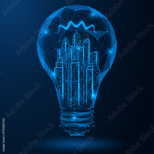 Smart city light. A silhouette of a city with skyscrapers is depicted inside a glowing light bulb. The concept of innovation in energy, urbanism and the future of technology.