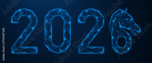 Happy New Year, numbers 2026 where the last digit "6" is made in the form of a horse's head. Polygonal design of interconnected lines and dots, blue background.