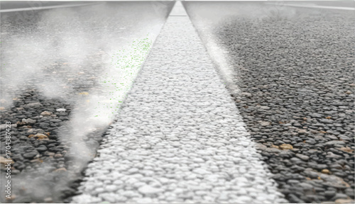 Wet Asphalt Road with White Lane Marking and Steam Rising on a White Background rain water
