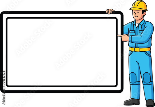 Vector art of construction worker pointing at a blank sign