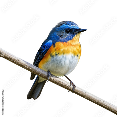 Vibrant Blue-throated Blue Flycatcher perched on slender twig, displaying azure blue and orange plumage with creamy belly in close-up under soft light