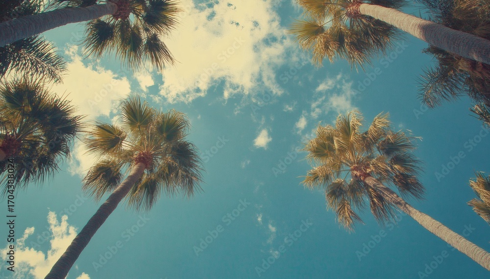 Fototapeta premium The image shows several palm trees viewed from below against a mostly clear blue sky with a few clouds