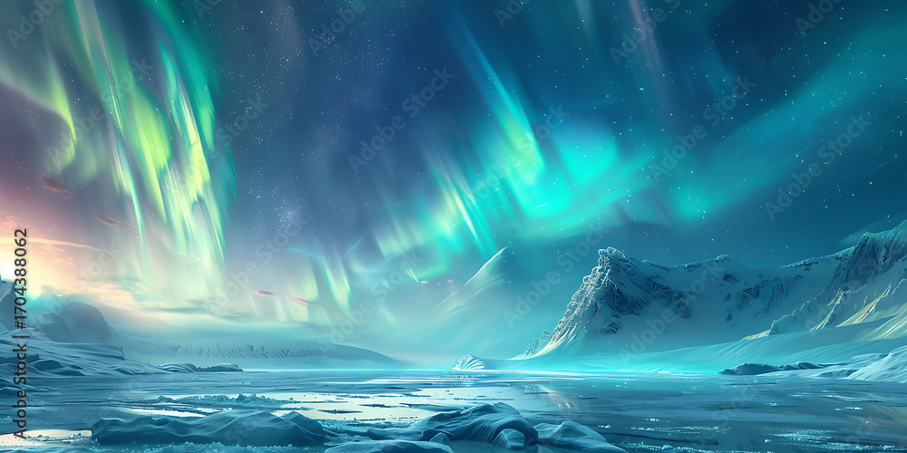 Naklejka premium Arctic Aurora Borealis over Icy Waters and Mountains