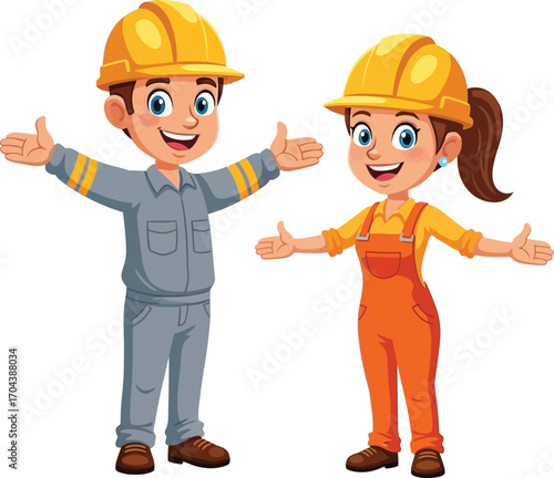 Vector art of male and female construction workers with open arms