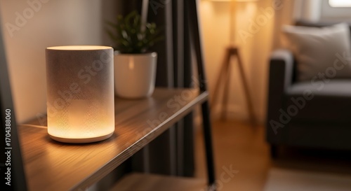 Wallpaper Mural Smart speaker glowing with warm light on a wooden shelf in a cozy living room with soft ambient lighting Torontodigital.ca