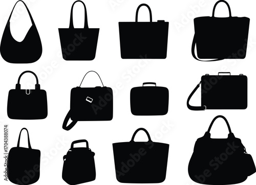 Handbag silhouette vector, fashion accessories, black purse icons, tote bag shapes, stylish design, shoulder bags, briefcase, satchel, illustration