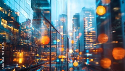 Fototapeta Naklejka Na Ścianę i Meble -  The image shows the reflection of a city's lights and buildings in the glass facade of a skyscraper at night.