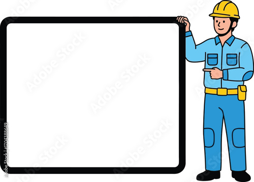 Vector art of construction worker pointing at a blank board