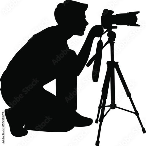 Photographer silhouette vector, camera on tripod, crouching person, black and white illustration, photography action pose, professional gear, shooting setup
