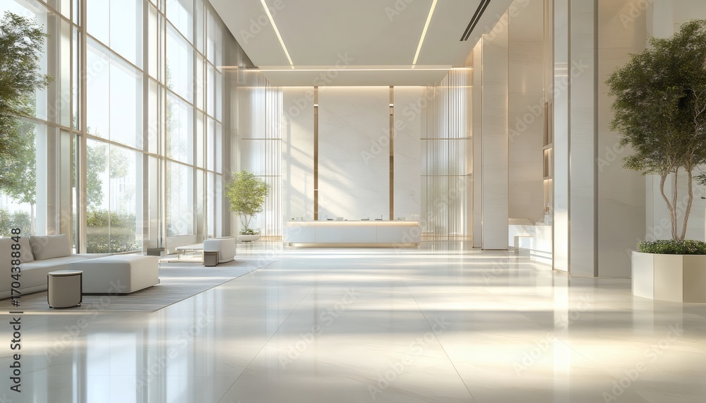 Fototapeta premium The spacious reception area features a white marble floor, sleek white reception desk, comfortable seating, and potted plants, creating a bright and airy atmosphere.