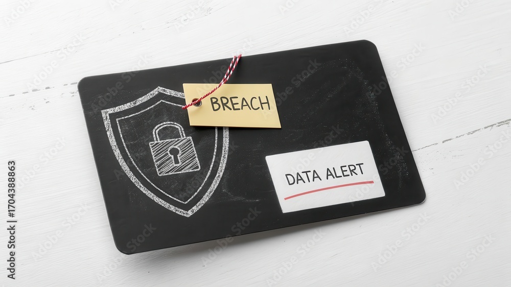 Obraz premium Data Breach Security Alert with Shield and Warning Label Concept