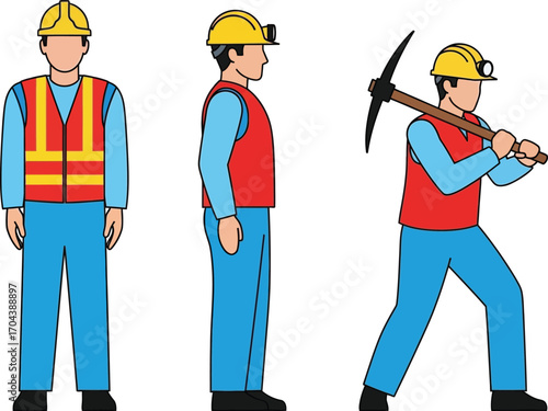 Vector art of miner in different poses with pickaxe