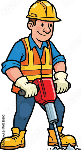 Vector art of construction worker using a jackhammer