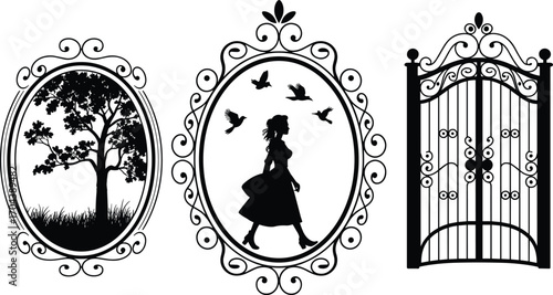 Vintage silhouette illustration, ornate frames, tree design, walking woman, flying birds, decorative gate, black white art, storytelling concept, fantasy scene