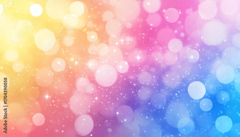 Fototapeta premium The image shows a gradient of pastel colors with blurred circles and small, bright sparkles throughout.