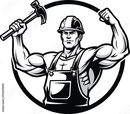 Vector art of strong construction worker with hammer