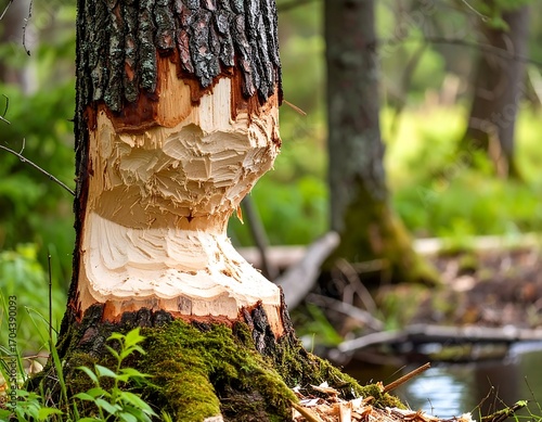 Close-up of a tree trunk with beaver gnaw marks