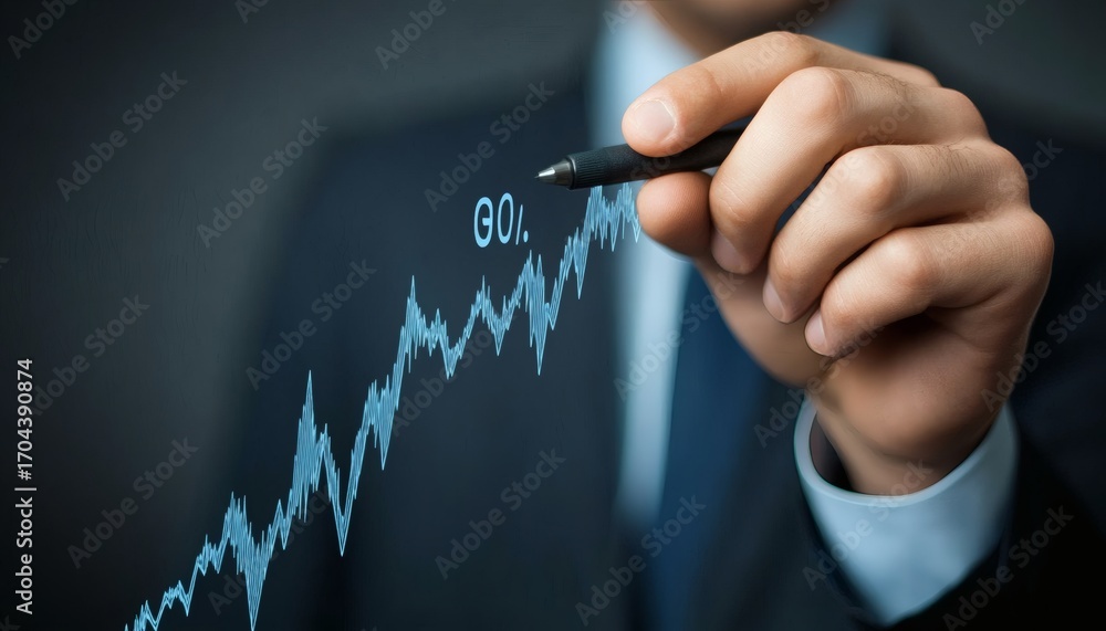 Fototapeta premium A hand with a pen draws a light-blue upward trending line graph on a dark-blue background, illustrating growth and increase.