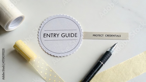 Entry Guide with Protect Credentials Label and Writing Tools on Table