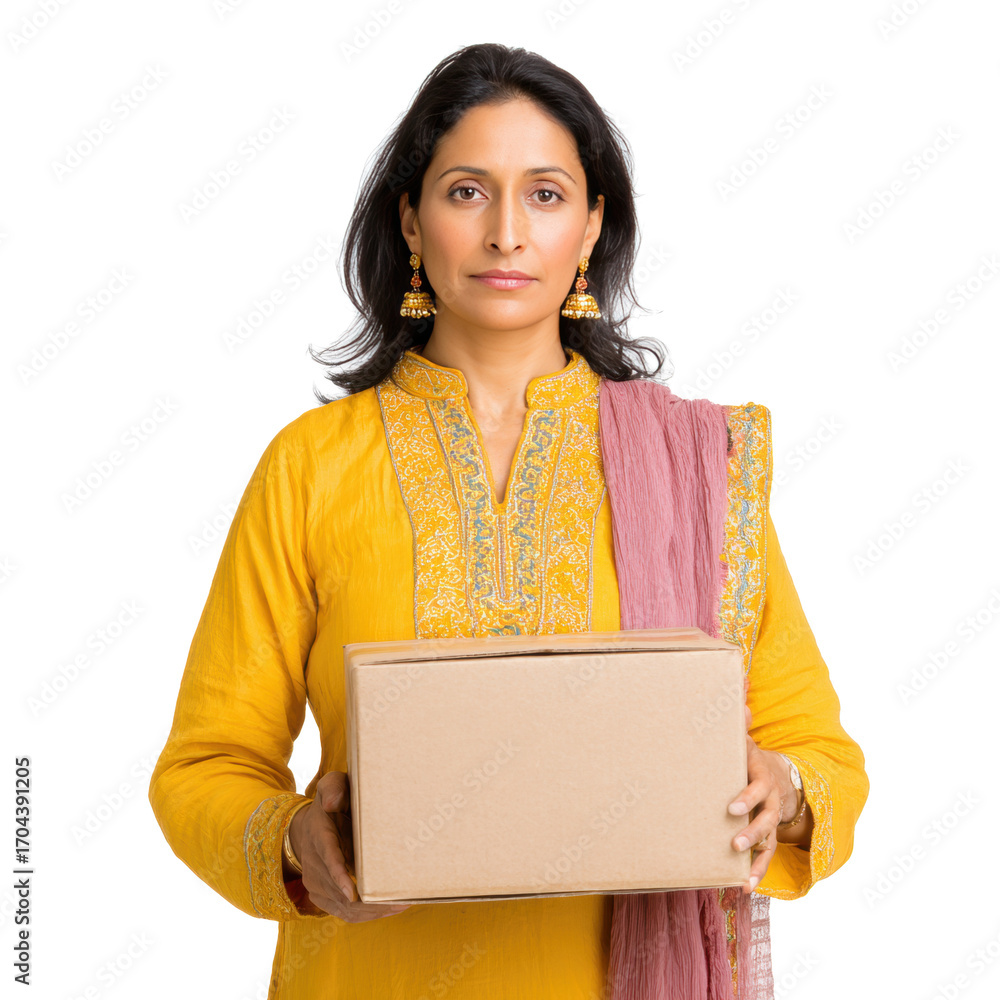 Obraz premium South Asian woman in yellow kurta holding a cardboard box on white background