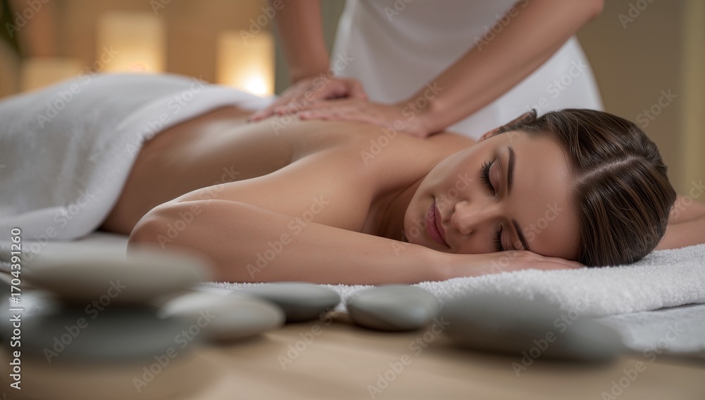 Obraz premium Woman enjoying relaxing back massage at luxury spa with hot stones for stress relief and wellness