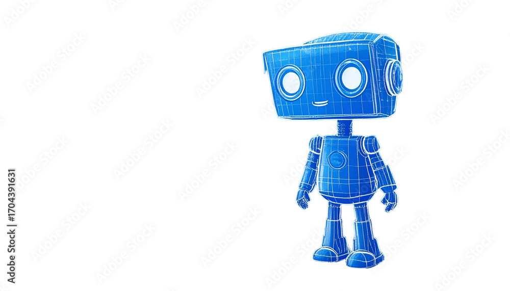 Fototapeta premium A friendly blue robot design with wireframe effect, creating a futuristic look. The robot has a cute, approachable design, evoking curiosity and imagination