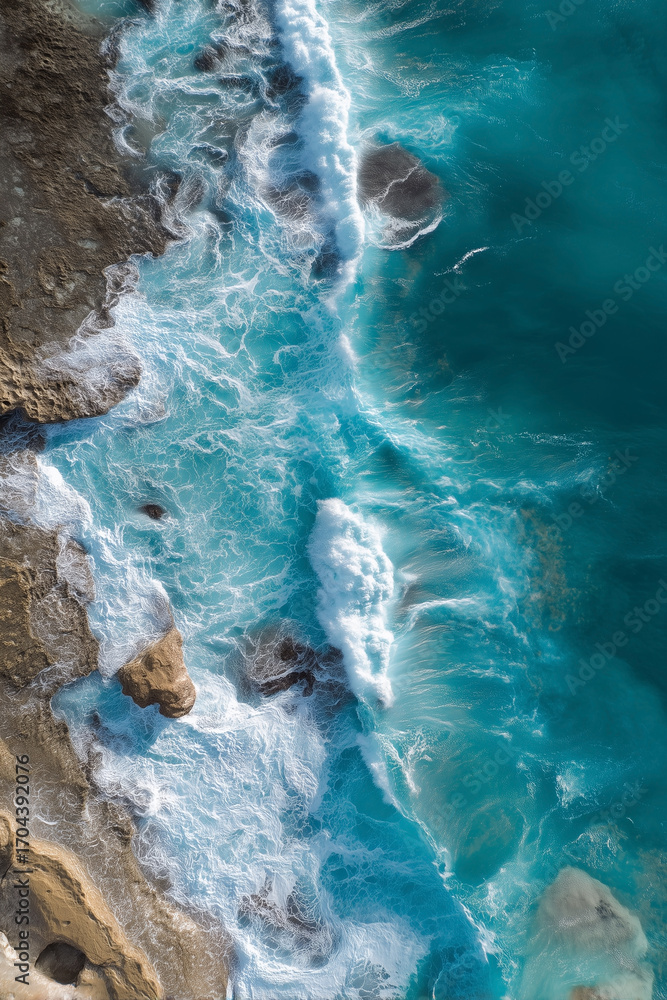 Fototapeta premium Waves crashing on rocky shore. Ocean view from above. Turquoise water meets earth in a dynamic display of coastal beauty.