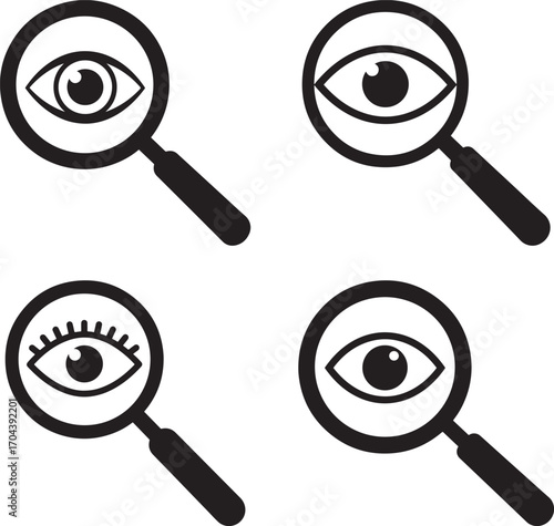 Four magnifying glasses with different eyes inside each one silhouette