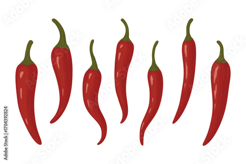 Red Chili Pepper Set, Vector Illustration. Hand Drawn Hot Spicy Peppers Isolated on White Background. Flat Food Icons for Cooking, Kitchen Design, Mexican Cuisine, Organic Vegetable, Spice Concept