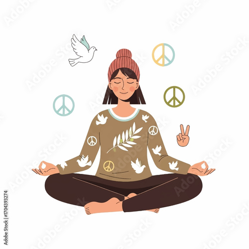 Young woman meditating in a peaceful yoga pose with peace symbols and bird