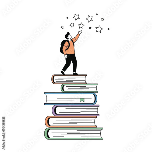 Young person standing on books reaching for stars of knowledge