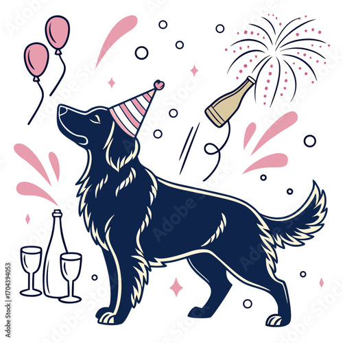 Creative SVG: Loving Golden Retriever with with a giant leaf in a Midnight Sparkle colored New Year celebration theme
