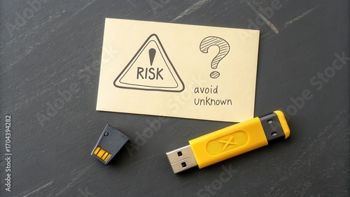 USB Drive with Risk Warning and Unknown Concept on Table Surface