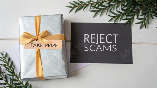 Gift box with label fake prize and card reject scams on table