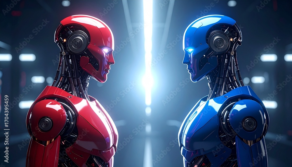 Fototapeta premium Two futuristic robots facing each other, illuminated by a bright light, evoking a sense of technological advancement