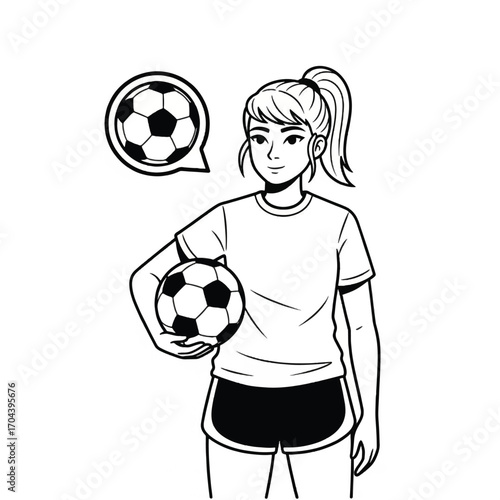 Young female soccer player with ball and speech bubble