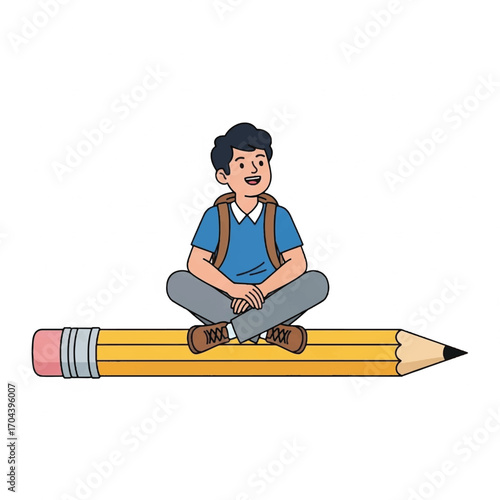 Young Boy Sitting on Giant Pencil Illustration