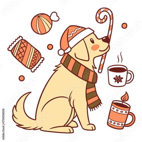 Cute Funny Golden Retriever, accessorized with holding a lollipop, in a Christmas world – Warm Cozy palette vector
