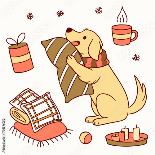 Warm Cozy themed SVG: Excited Golden Retriever with hugging a pillow in a Christmas environment