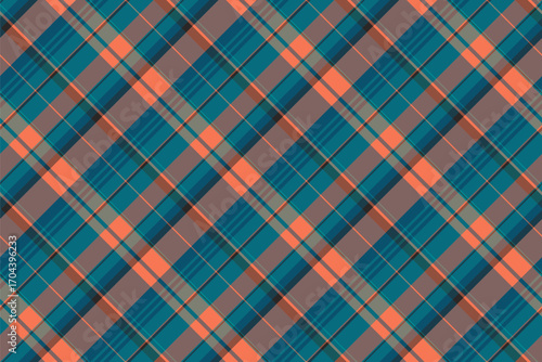 Classic plaid pattern in teal, orange, and grey. Timeless design, versatile for backgrounds, textiles, or wrapping paper. Warm, comforting, and visually appealing.