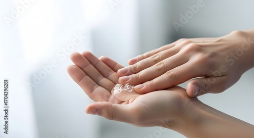 Close up of a person applying hand sanitizer gel to their palms and rubbing them together for hygiene and cleanliness