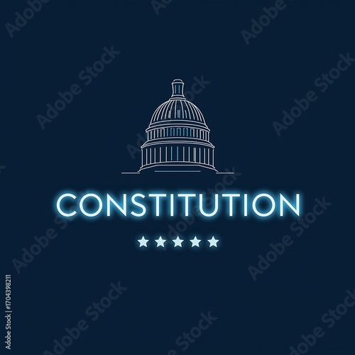 Wallpaper Mural Glowing neon constitution building silhouette with stars on dark blue background Torontodigital.ca