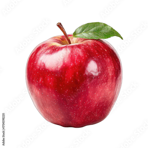 Close-up of a vibrant red apple with a green leaf (1)