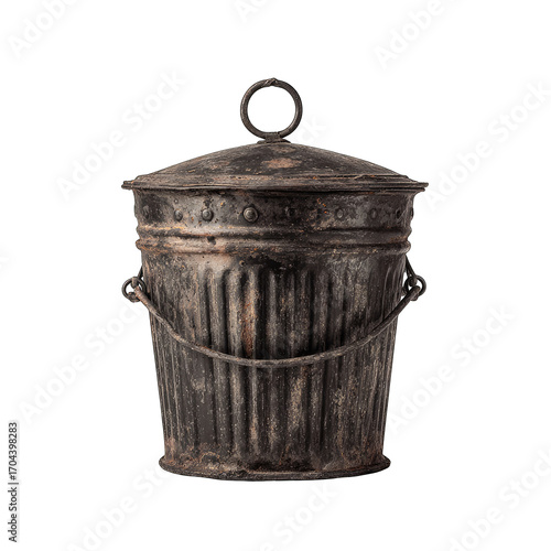 Rustic metal waste bin, weathered dark gray