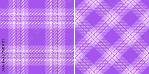 Two purple tartan patterns, a classic plaid design in straight and diagonal orientations. Use for backgrounds, textiles, fashion concepts, or digital art.