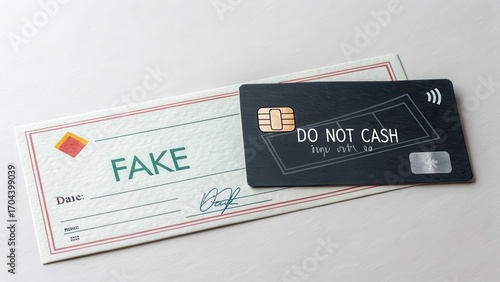 Fake Check and Card Displaying Warning Against Cashing Fraudulent Items