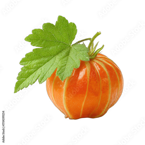 Close-up of a small, orange fruit with a green leaf.  Striated orange surface